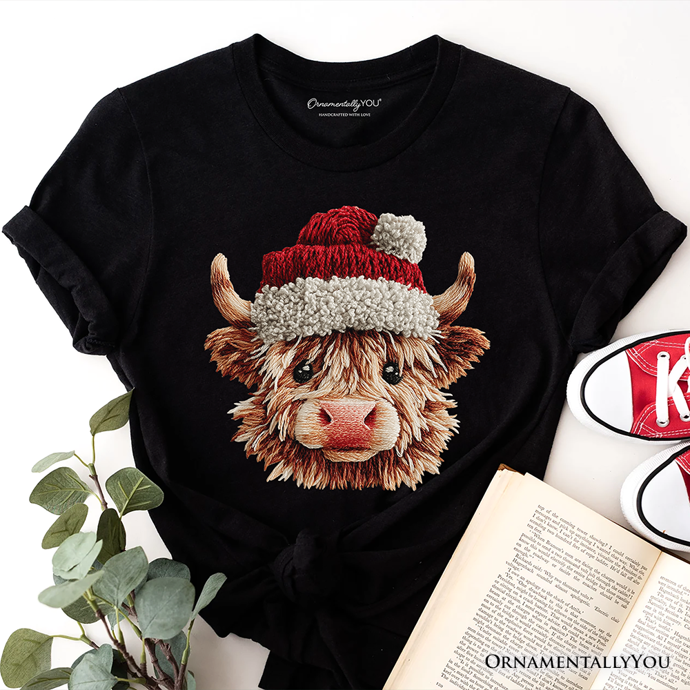 Highland Cow Santa Hat Christmas T-Shirt, Imitation Latch Hook Yarn Cozy Tee