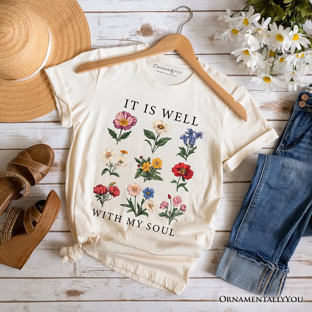 It Is Well With My Soul Christian Floral T-Shirt, Vintage Bible Verse Light Tee