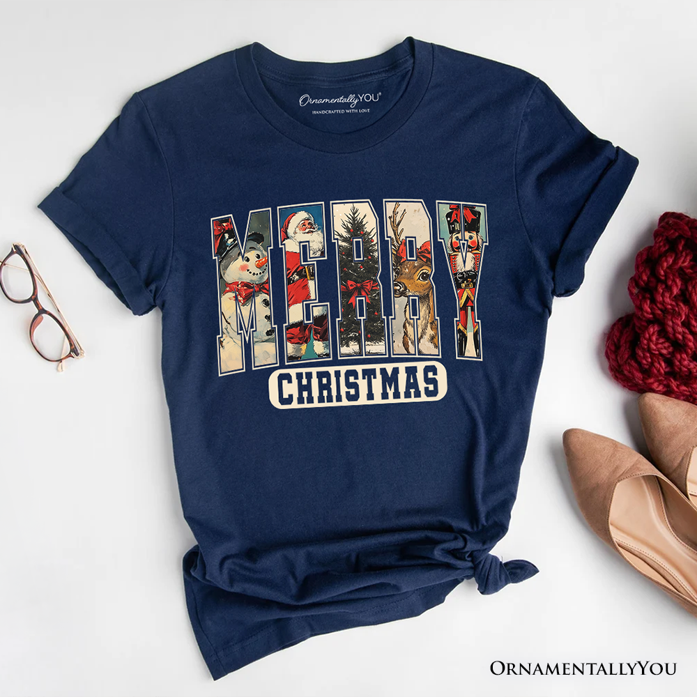 Merry Christmas Vintage T‑Shirt, Santa Tree Reindeer Snowman Nutcracker Tee