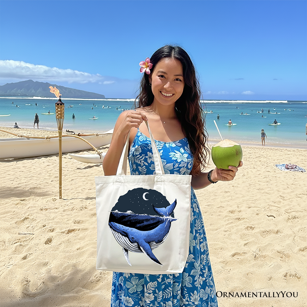 Moonlit Whale Vintage Tote Bag, Night Ocean Retro Gift Shopper