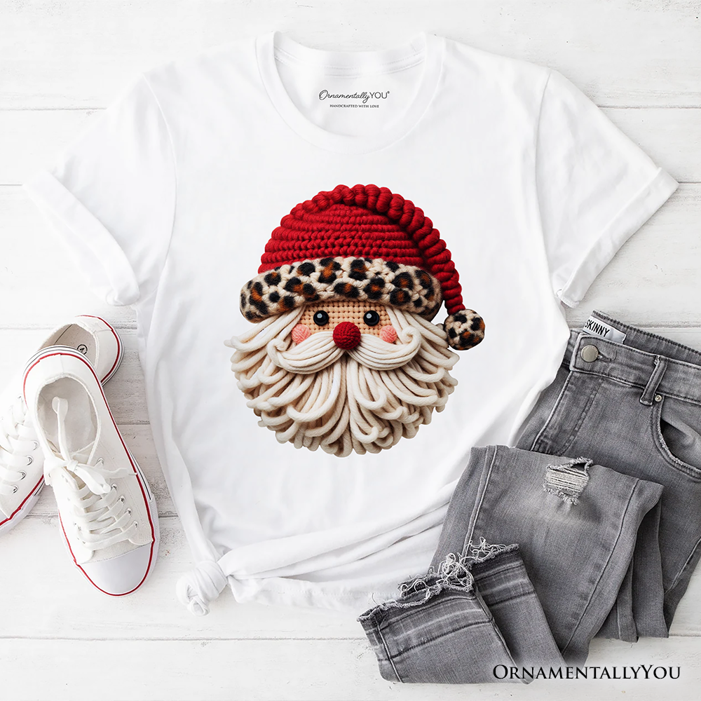 Santa Leopard Hat Christmas T-Shirt, Imitation Latch Hook Yarn Cozy Tee