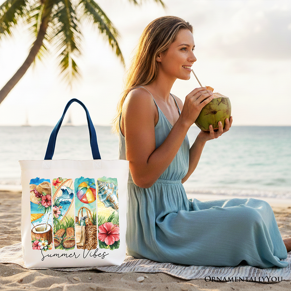 Summer Vibes Canvas Tote Bag, Beach Gift Shopper with Coconut and Flowers