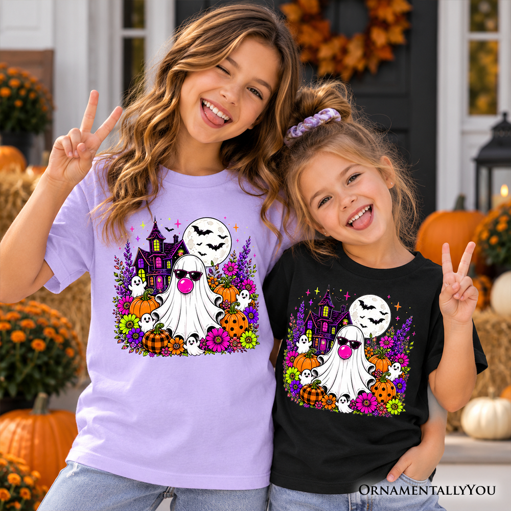 Kids Bubblegum Ghost Haunted House T-Shirt, Colorful Floral Halloween Pumpkin Youth Tee