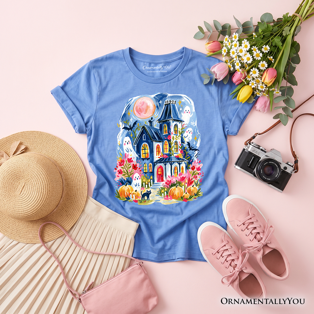 Kids Watercolor Haunted House T-Shirt, Colorful Ghost Pumpkin Halloween Youth Tee