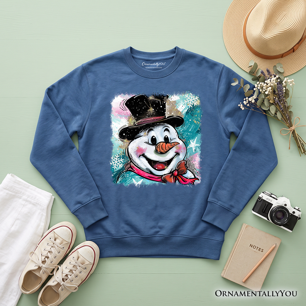 Brushstroke Cute Snowman Sweatshirt, Preppy Merry Christmas Glitter Holiday Sweater