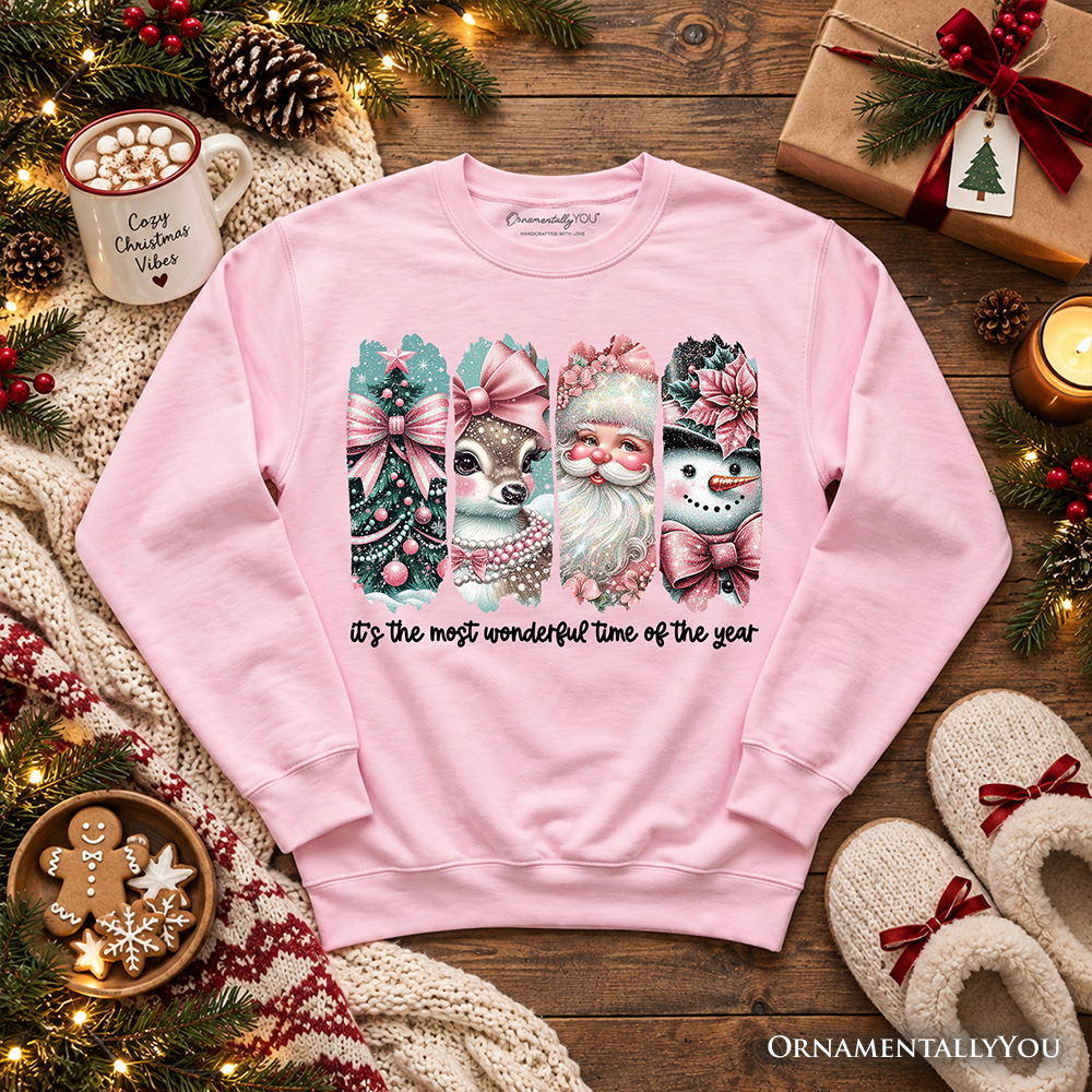 Coquette Pink Christmas Sweatshirt, It's The Most Wonderful Time Of The Year Vintage Tree, Reindeer, Santa and Snowman Sweater