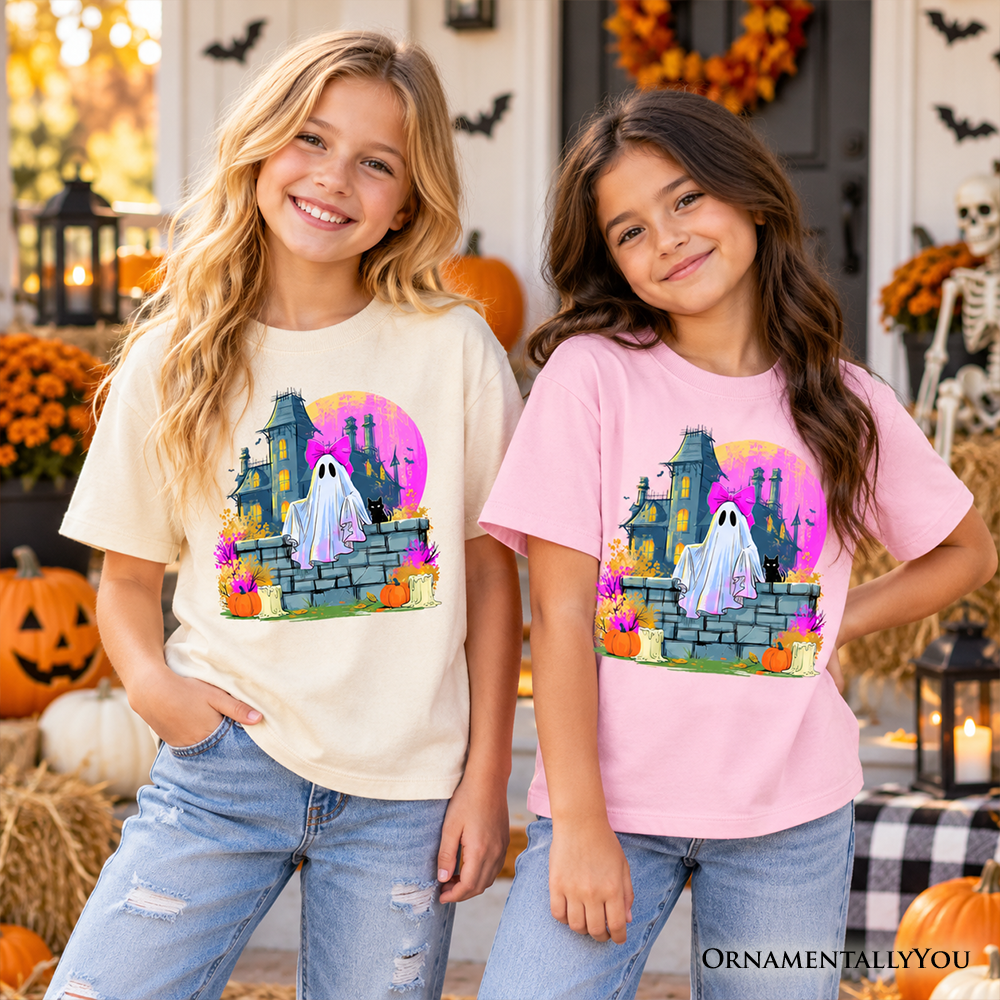 Haunted House Ghost Kids T-Shirt, Coquette Bow Halloween Tee for Youth Girls