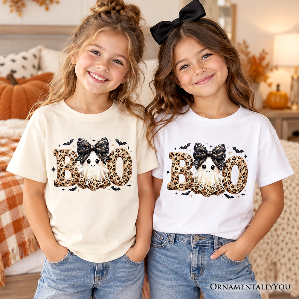 Boo Ghost Leopard Kids T-Shirt, Coquette Bow Halloween Tee for Youth Girls