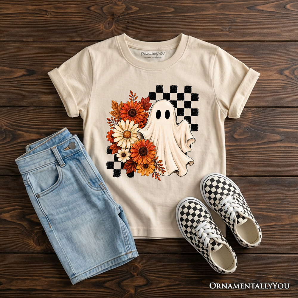 Kids Checkered Floral Ghost T-Shirt, Vintage Fall Halloween Daisy Youth Tee