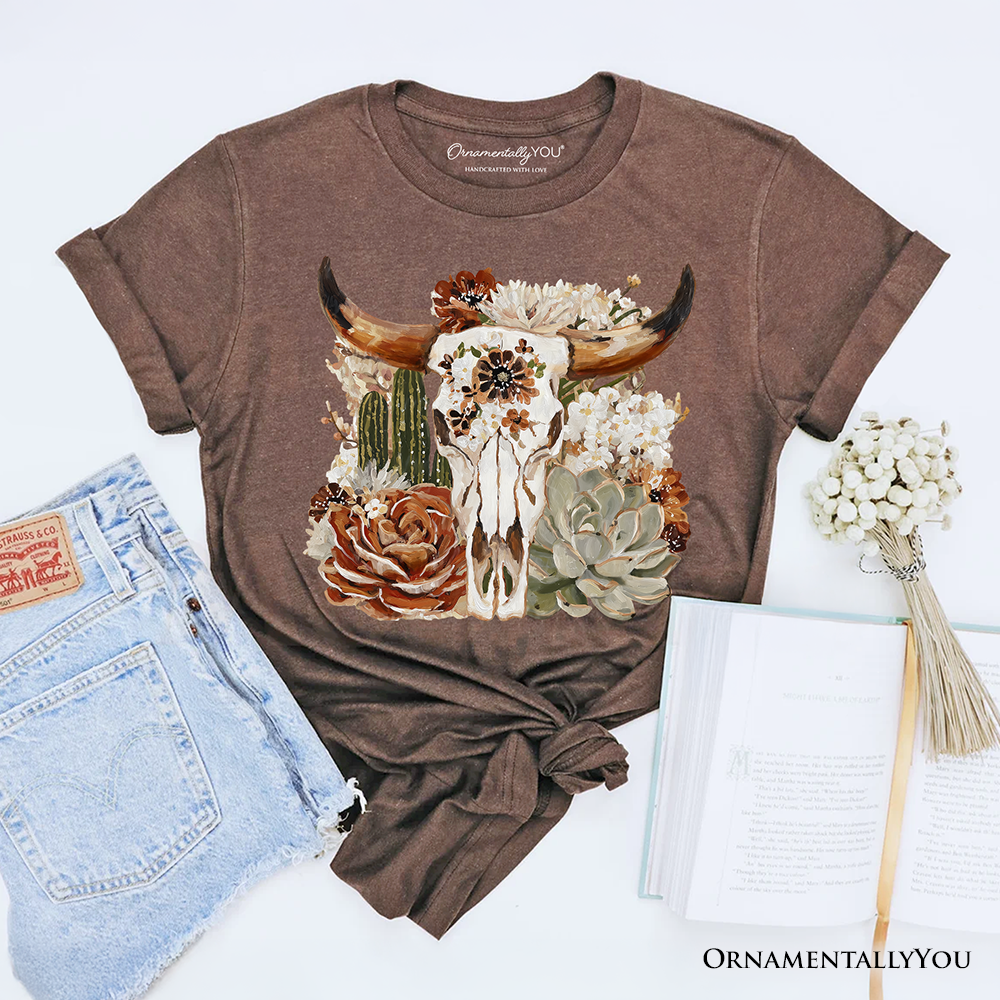 Boho Floral Cow Skull T-Shirt, Western Autumn Cowgirl Tee