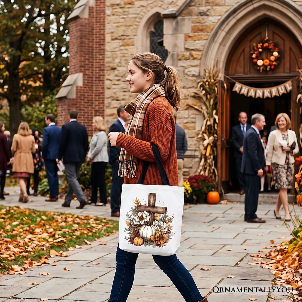 Christian Floral Pumpkin Cross Tote Bag, Boho Religious Fall Gift Shopper