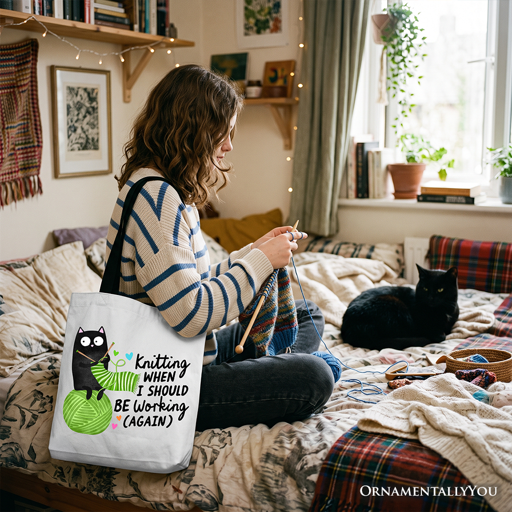 Knitting Black Cat Cute Tote Bag, Funny Working Crafter Phrase Gift Shopper