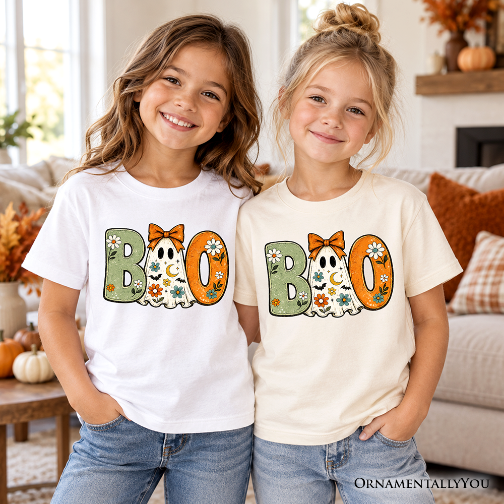Boo Floral Ghost Kids T-Shirt, Coquette Bow Halloween Tee for Youth Girls