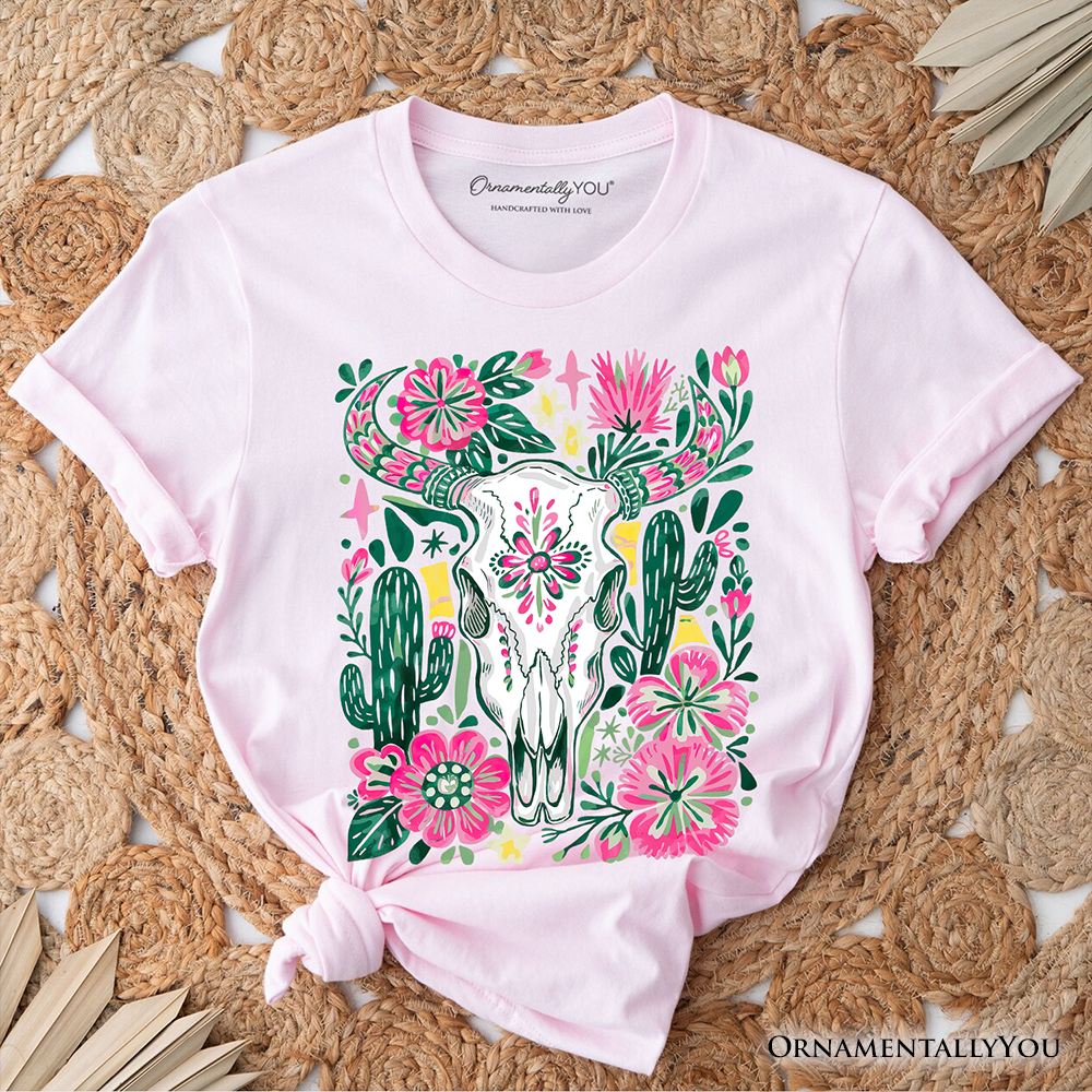 Western Floral Cow Skull T-Shirt, Boho Cowgirl Wildflower Cactus Tee