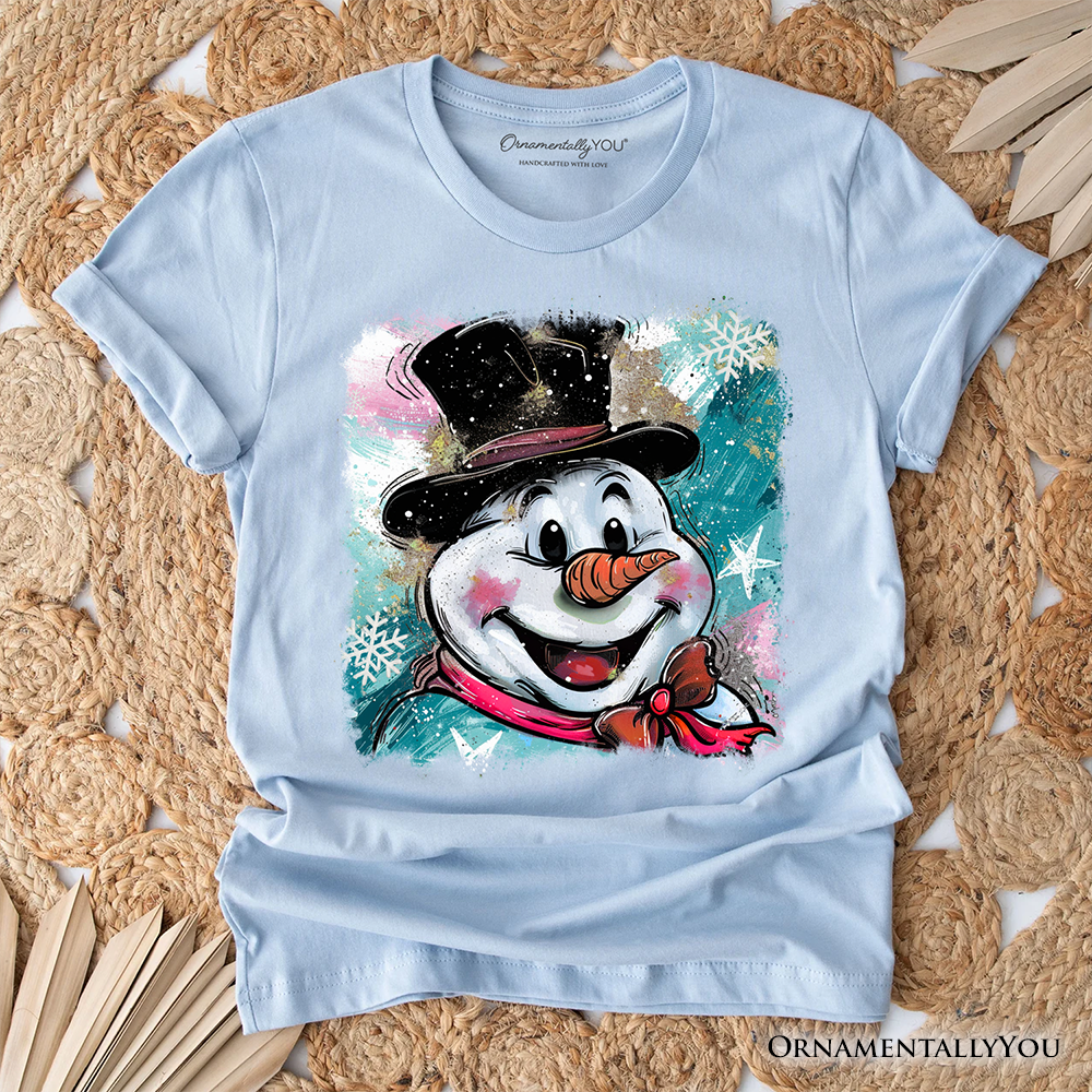 Brushstroke Cute Snowman T-Shirt, Preppy Merry Christmas Glitter Holiday Tee