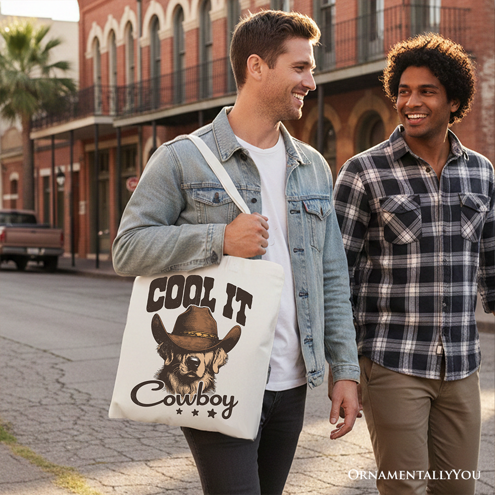 Cool It Cowboy Canvas Tote Bag With Western Dog, Retro Golden Retriever Gift Shopper for Country Lover