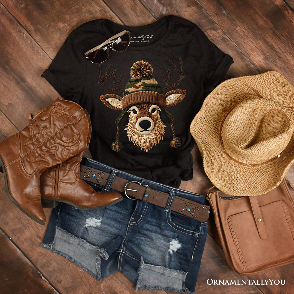 Deer Head Camo Hat Christmas T-Shirt, Imitation Latch Hook Yarn Cozy Hunting Season Tee