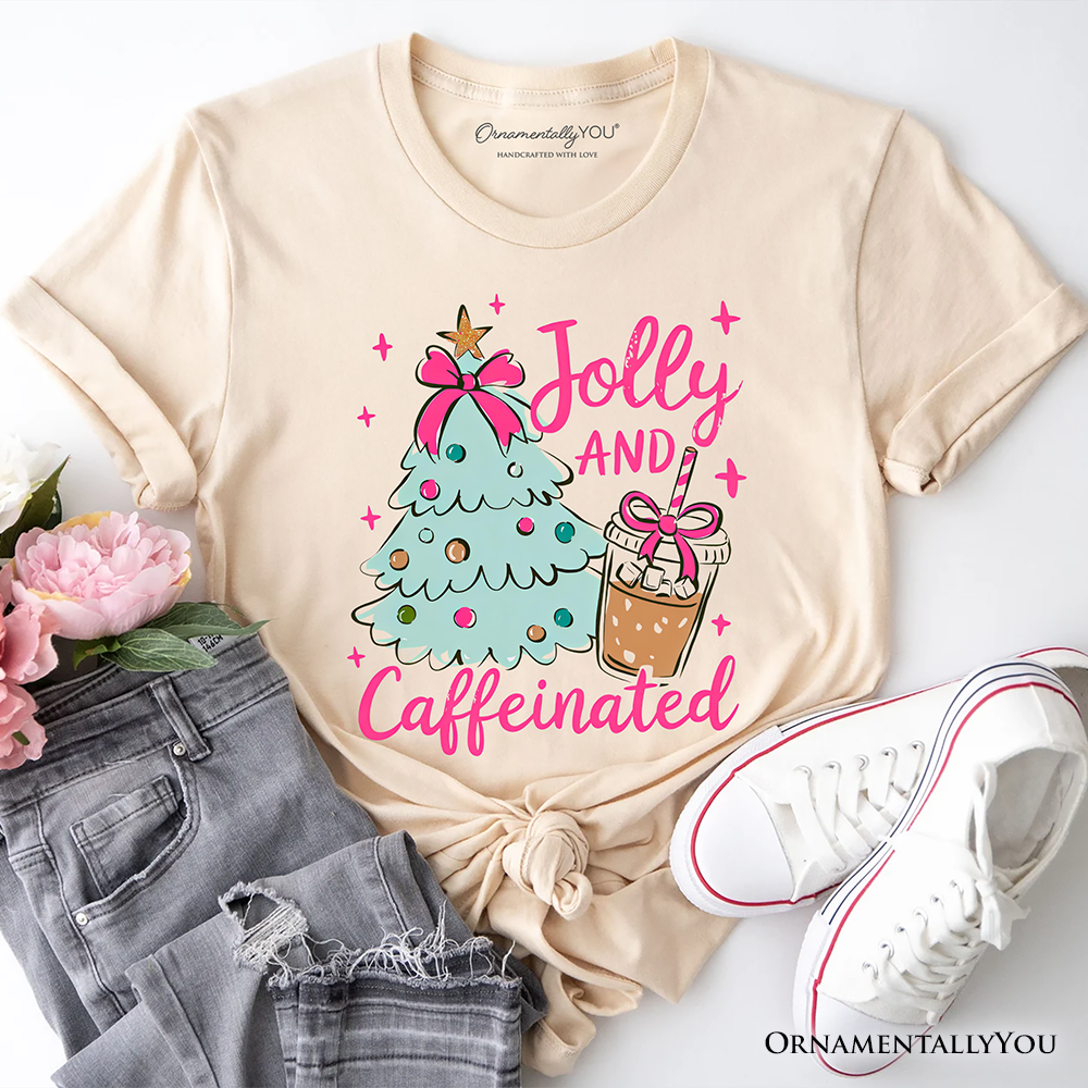 Jolly and Caffeinated Christmas Tree T-Shirt, Retro Coquette Coffee Holiday Tee