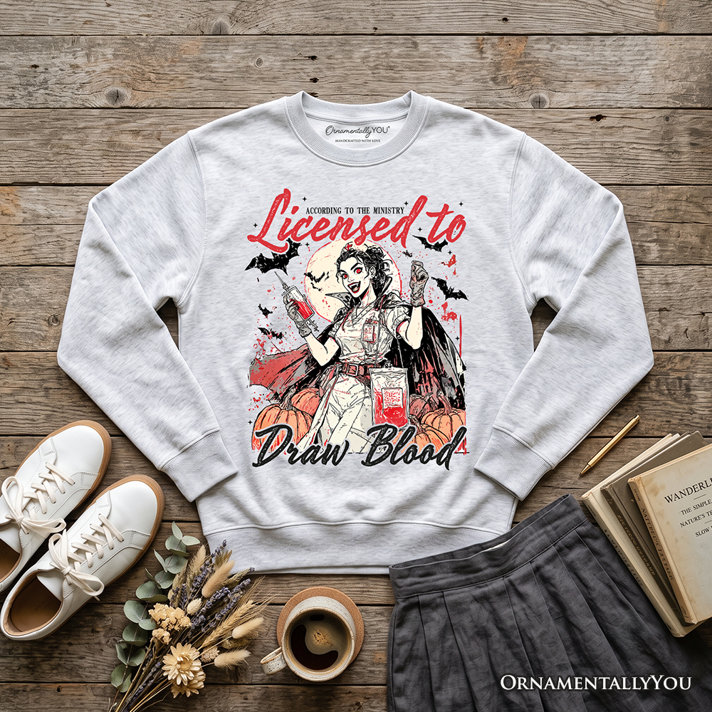 Licensed to Draw Blood Halloween Nurse Sweatshirt, Groovy Sweater for Spooky Season