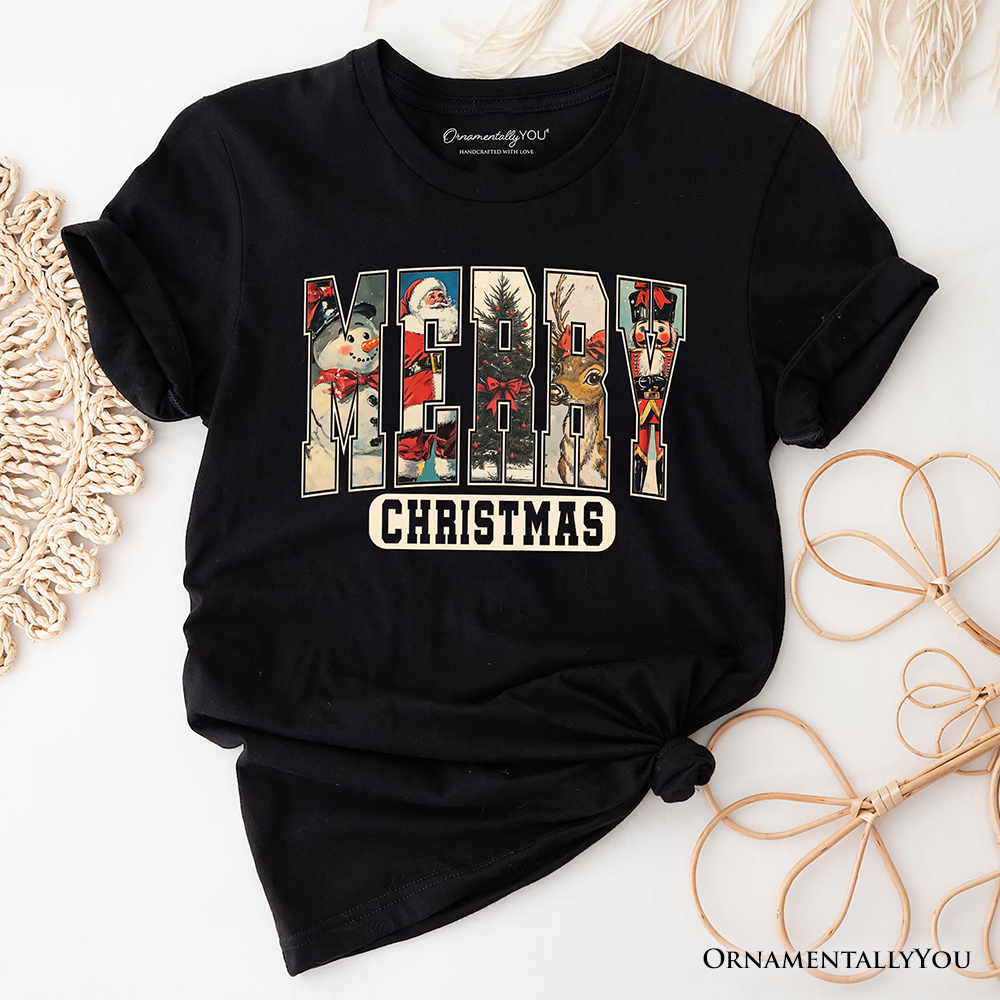 Merry Christmas Vintage T‑Shirt, Santa Tree Reindeer Snowman Nutcracker Tee