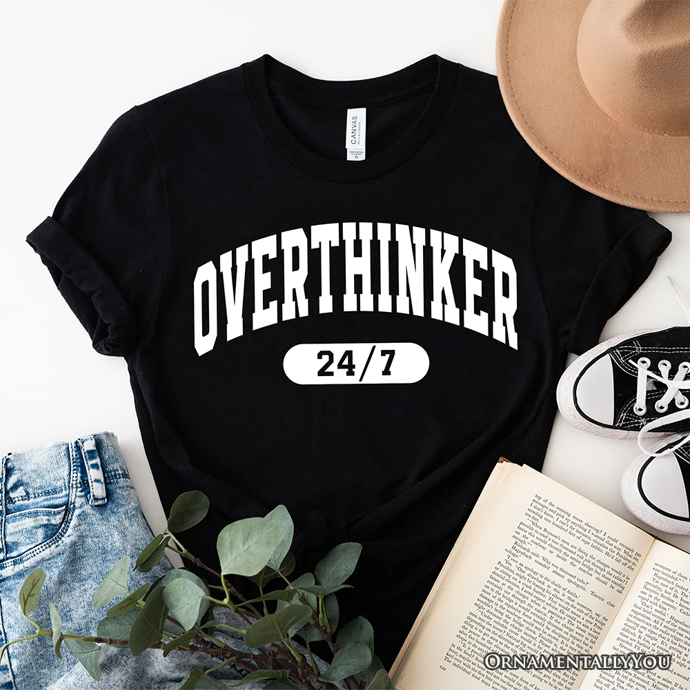 Over Thinker 247 T-Shirt, Minimalist Collegiate White, Natural and Black Tee for Tired Women