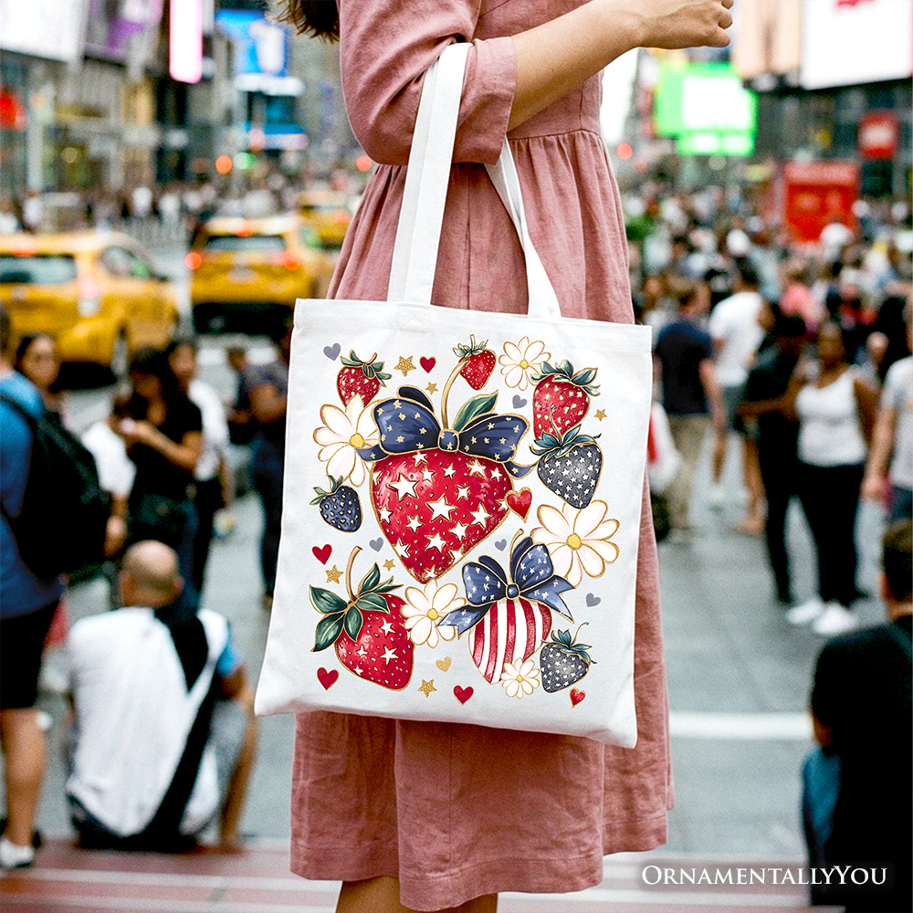 Patriotic Boho Strawberries Bouquet Canvas Tote Bag, 4th of July Festive Patch Gift