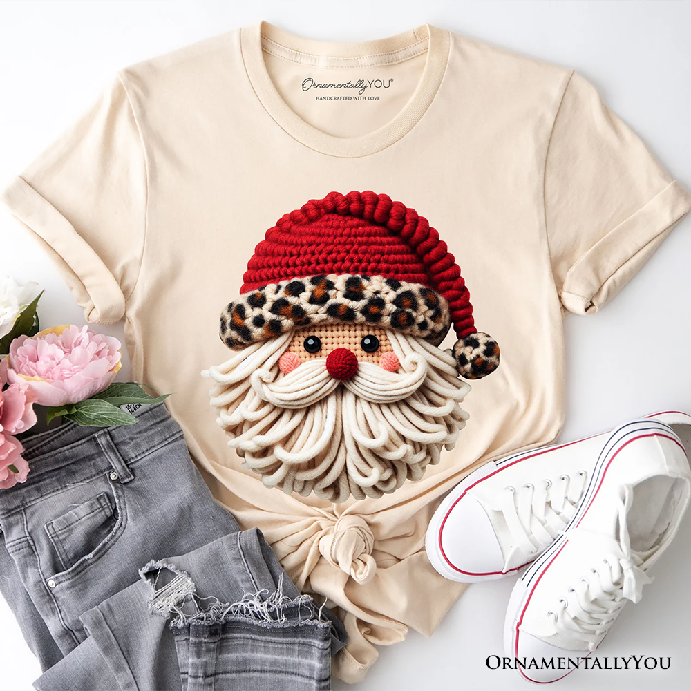 Santa Leopard Hat Christmas T-Shirt, Imitation Latch Hook Yarn Cozy Tee