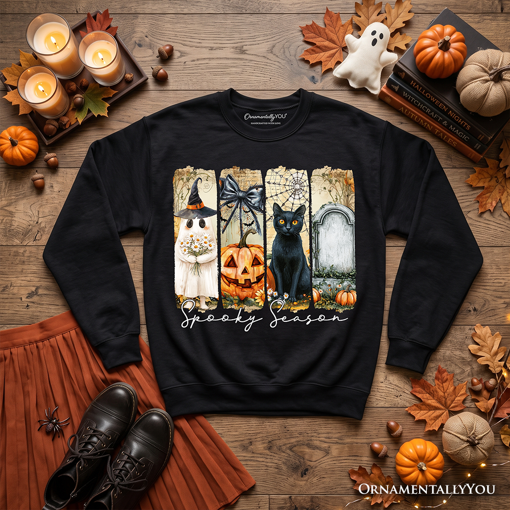Fall Spooky Season Brushstroke Sweatshirt, Coquette Vintage Ghost, Cat and Pumpkin Sweater