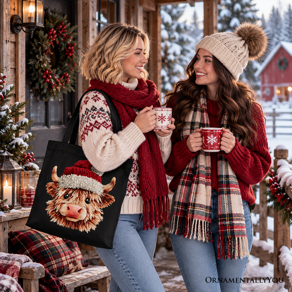 Highland Cow Santa Hat Christmas Tote Bag, Imitation Latch Hook Yarn Cozy Gift Shopper