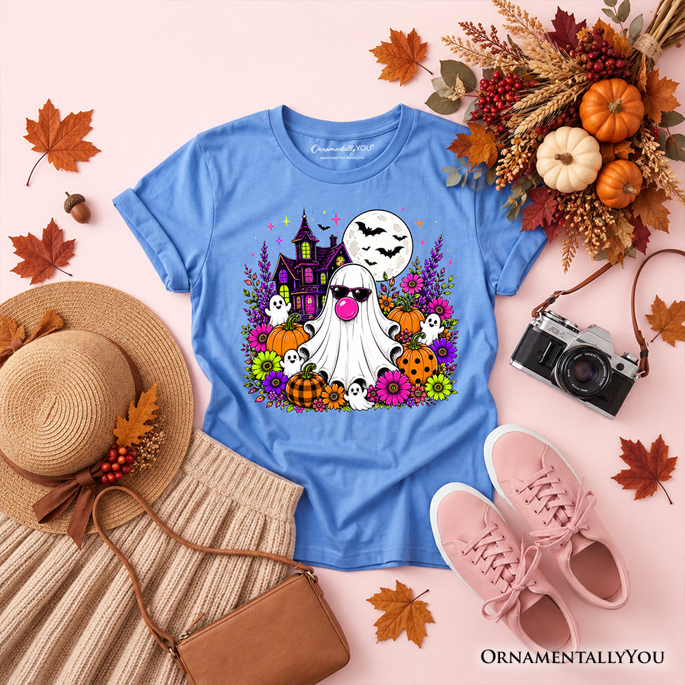 Kids Bubblegum Ghost Haunted House T-Shirt, Colorful Floral Halloween Pumpkin Youth Tee