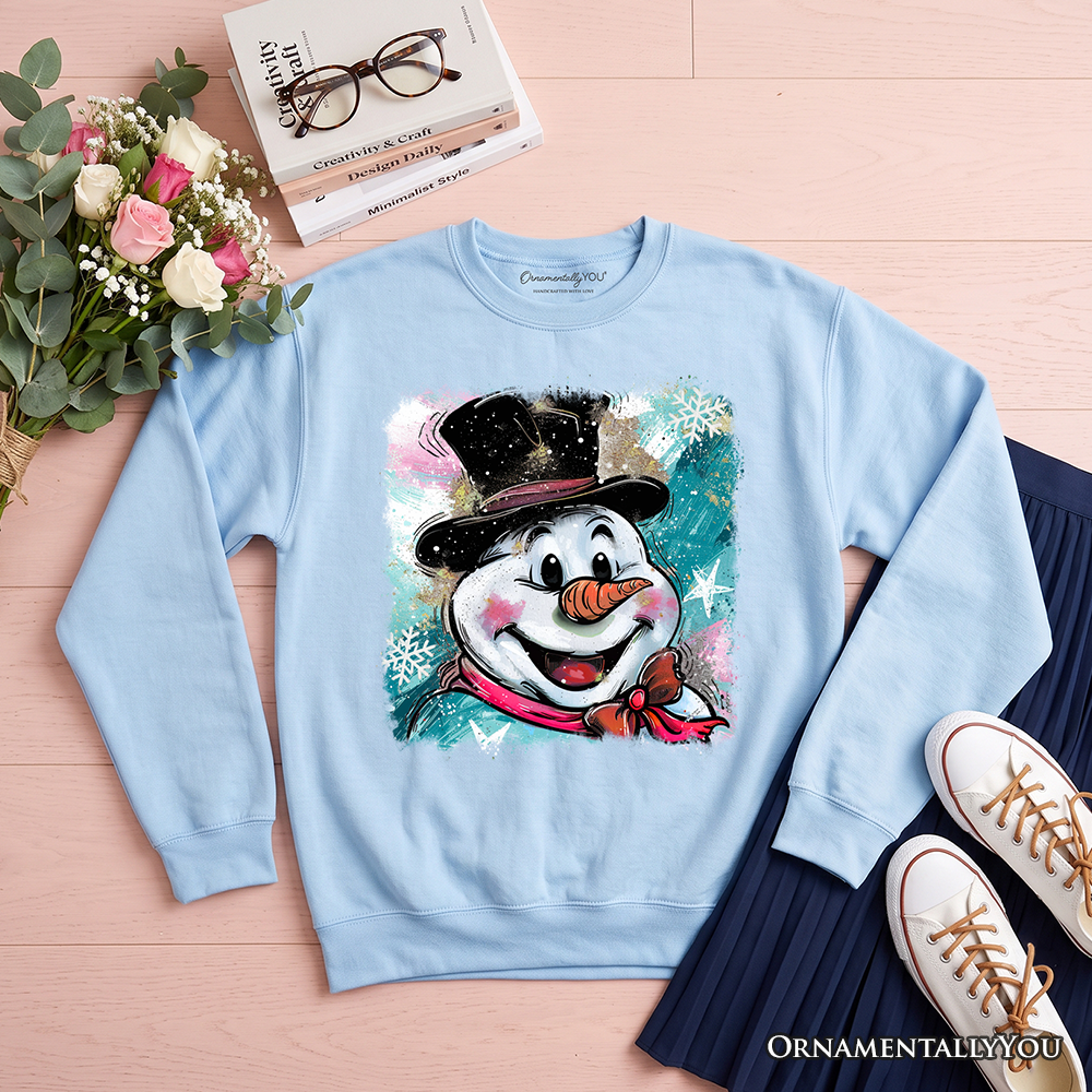 Brushstroke Cute Snowman Sweatshirt, Preppy Merry Christmas Glitter Holiday Sweater