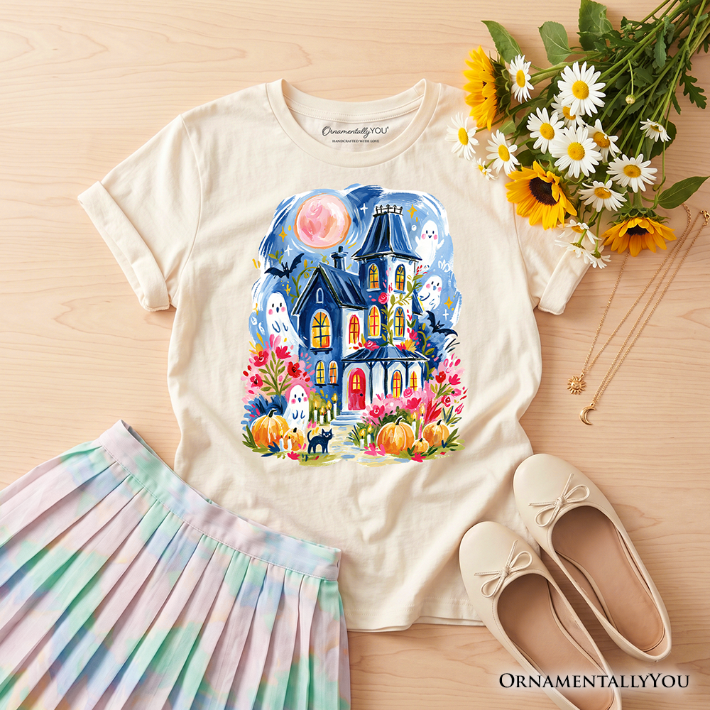 Kids Watercolor Haunted House T-Shirt, Colorful Ghost Pumpkin Halloween Youth Tee