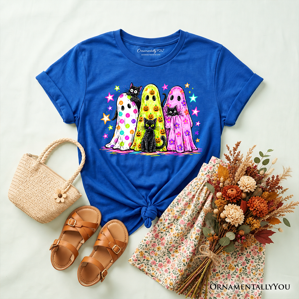 Kids Colorful Ghosts and Black Cats T-Shirt, Neon Halloween Spooky Season Youth Tee