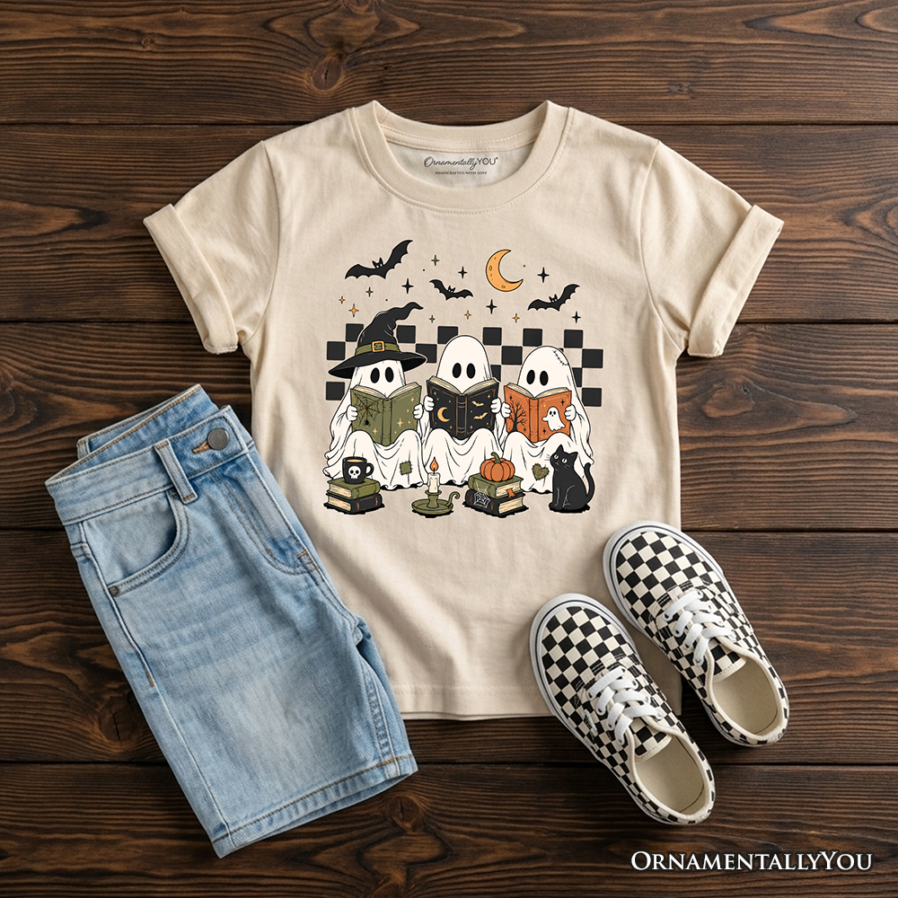 Kids Bookish Ghosts Reading T-Shirt, Checkered Halloween Witch Cat Youth Tee