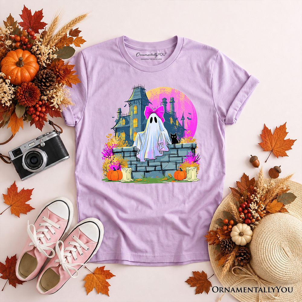 Haunted House Ghost Kids T-Shirt, Coquette Bow Halloween Tee for Youth Girls