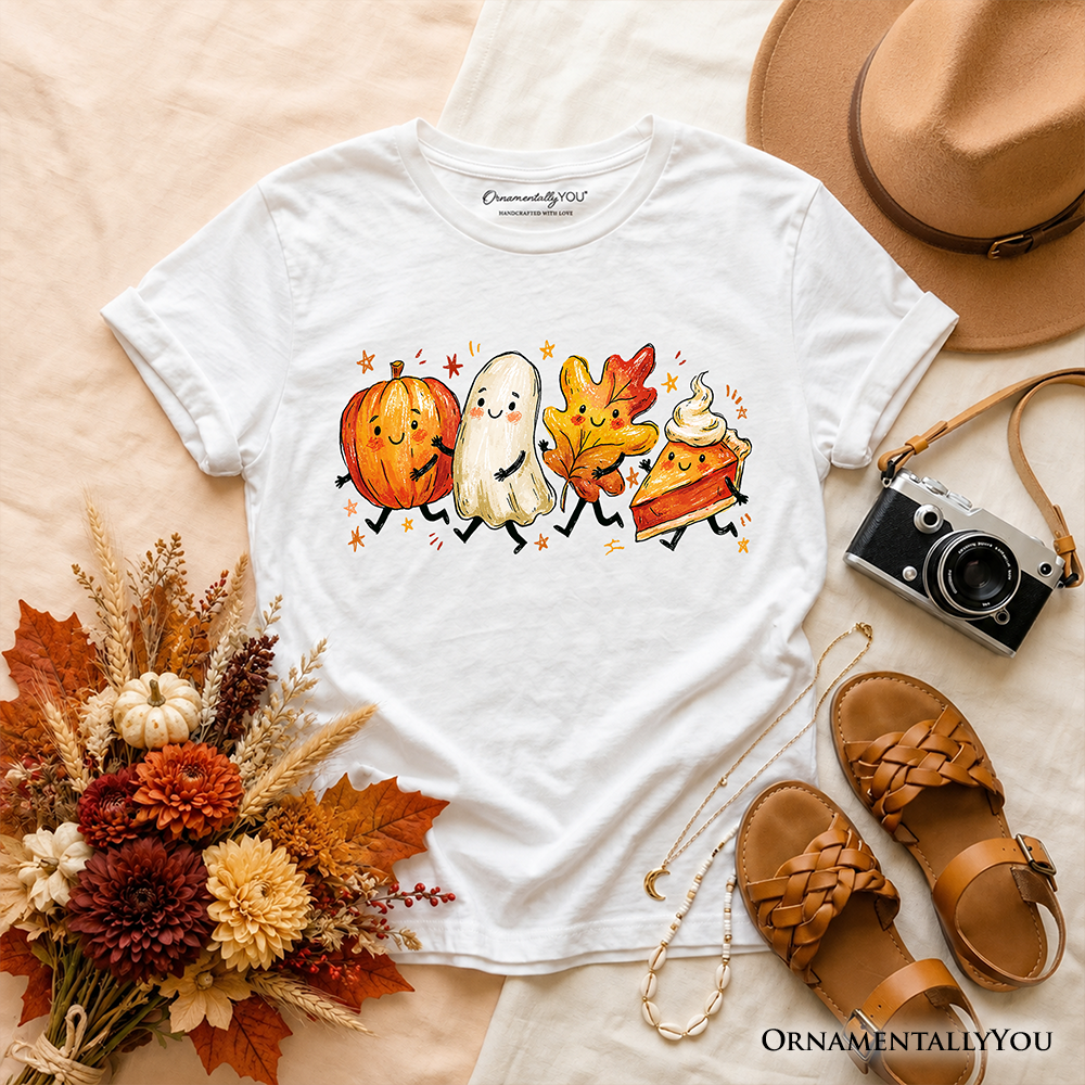 Kids Cute Fall Characters T-Shirt, Pumpkin Ghost Leaf Pie Autumn Youth Tee