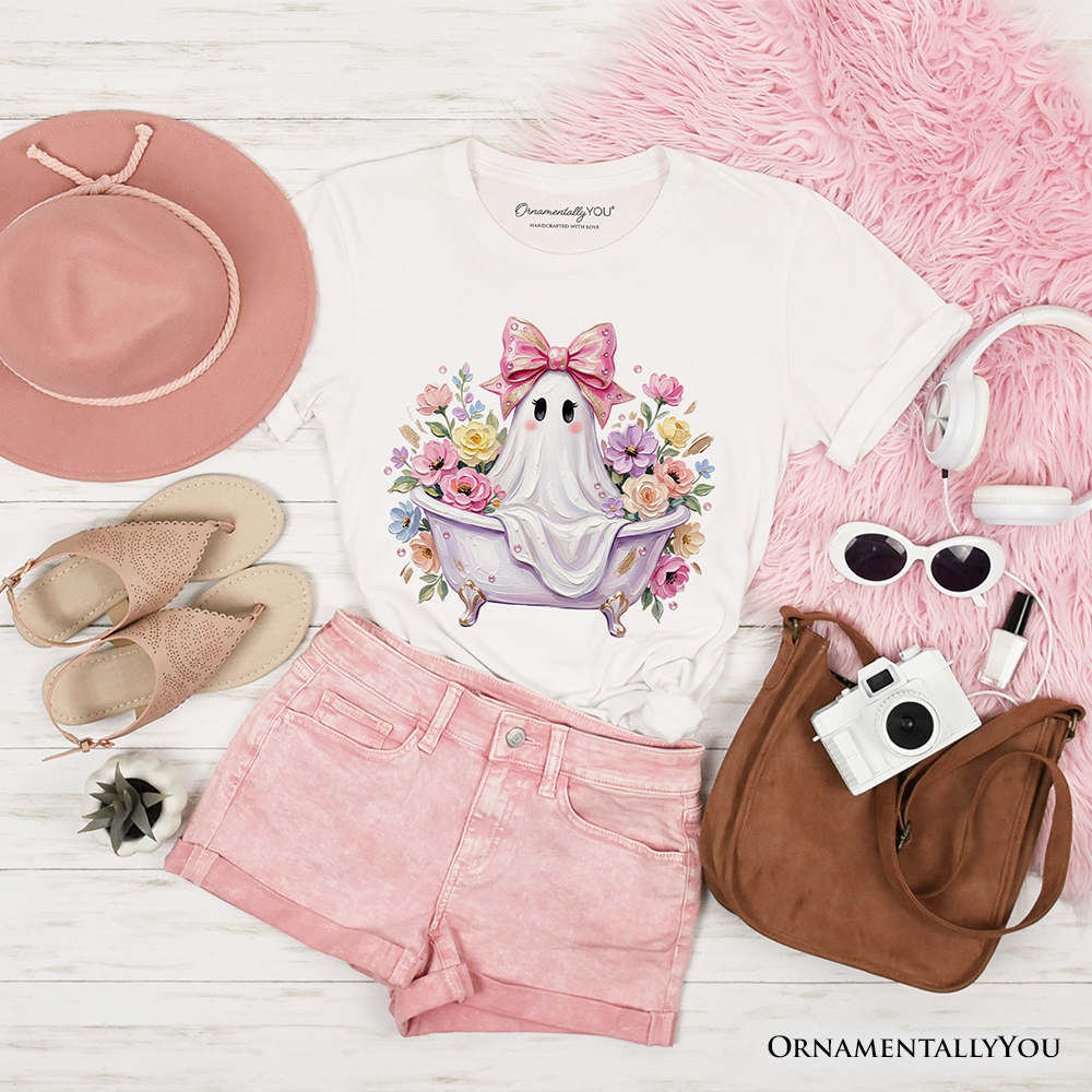 Pink Bow Bathtub Ghost T-Shirt, Floral Coquette Halloween Tee