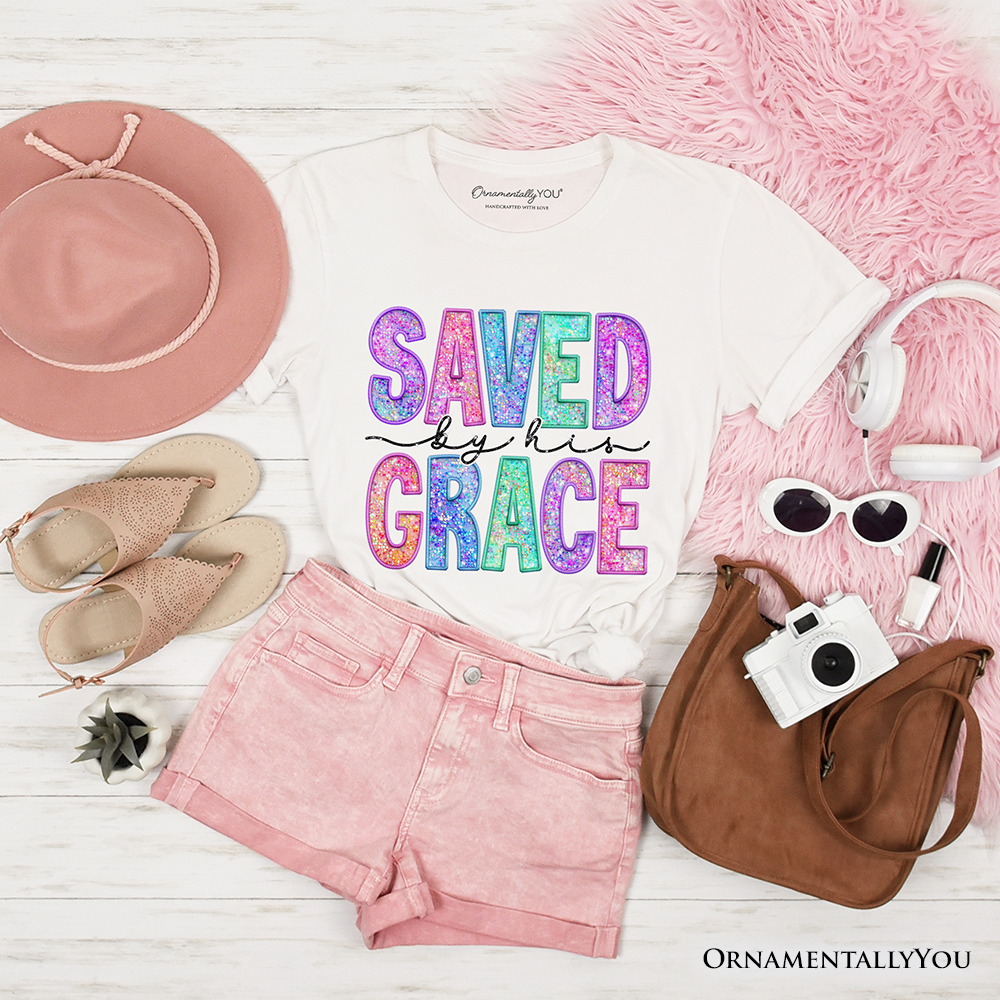 Saved By His Grace Printed Faux Sequin Christian T-Shirt, Religious Love Tee
