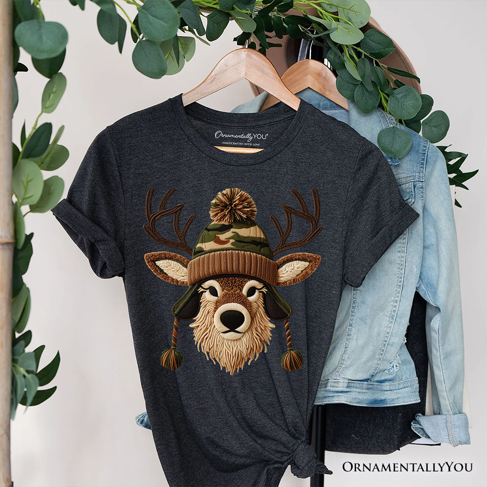 Deer Head Camo Hat Christmas T-Shirt, Imitation Latch Hook Yarn Cozy Hunting Season Tee