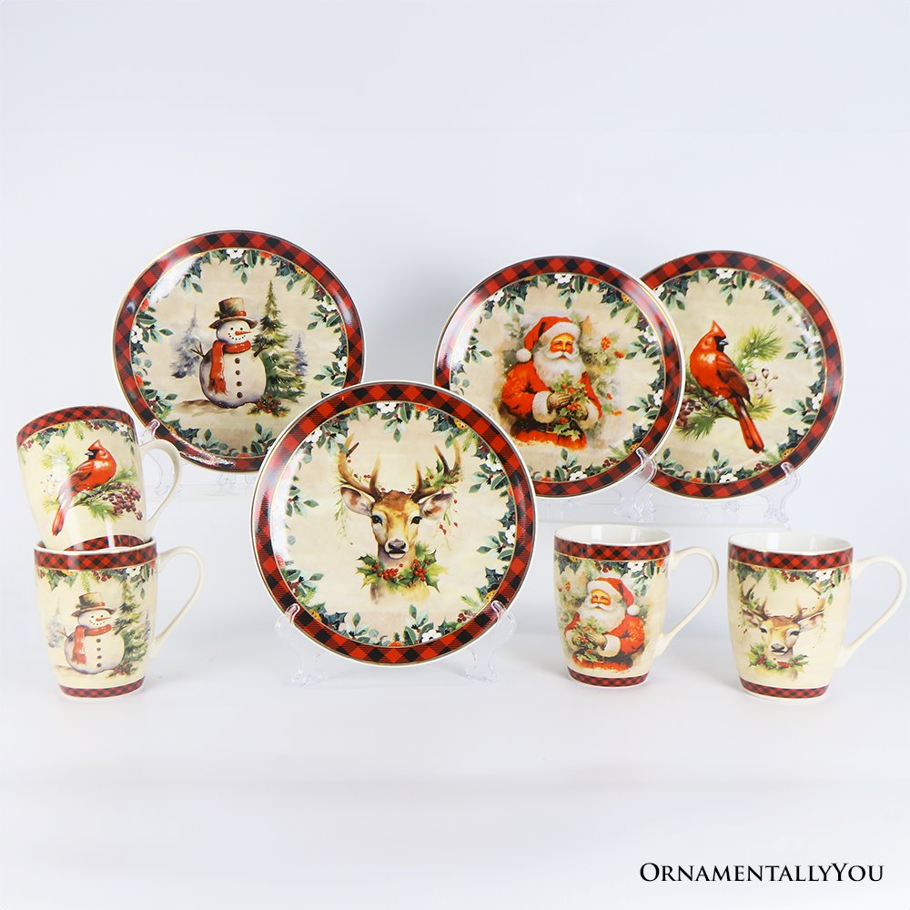 Decor Steals Special -  Holiday Cheer Set of 4 Plates with Real Gold Plaid Trim, Christmas Tableware Collection for Salad, Dessert, Appetizer, and Side Plates
