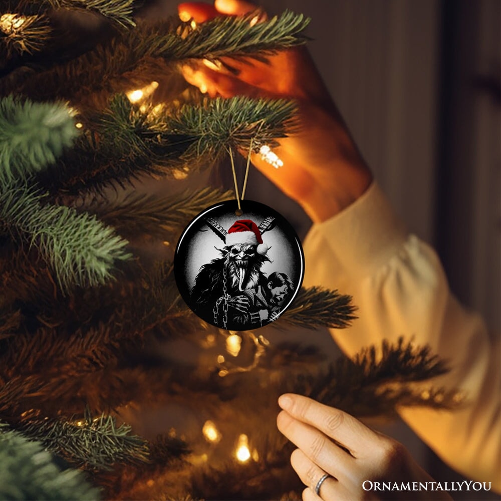 Horrifying Krampus With Santa Hat Ceramic Ornament, Keepsake For Unique Halloween Tree Christmas Decor