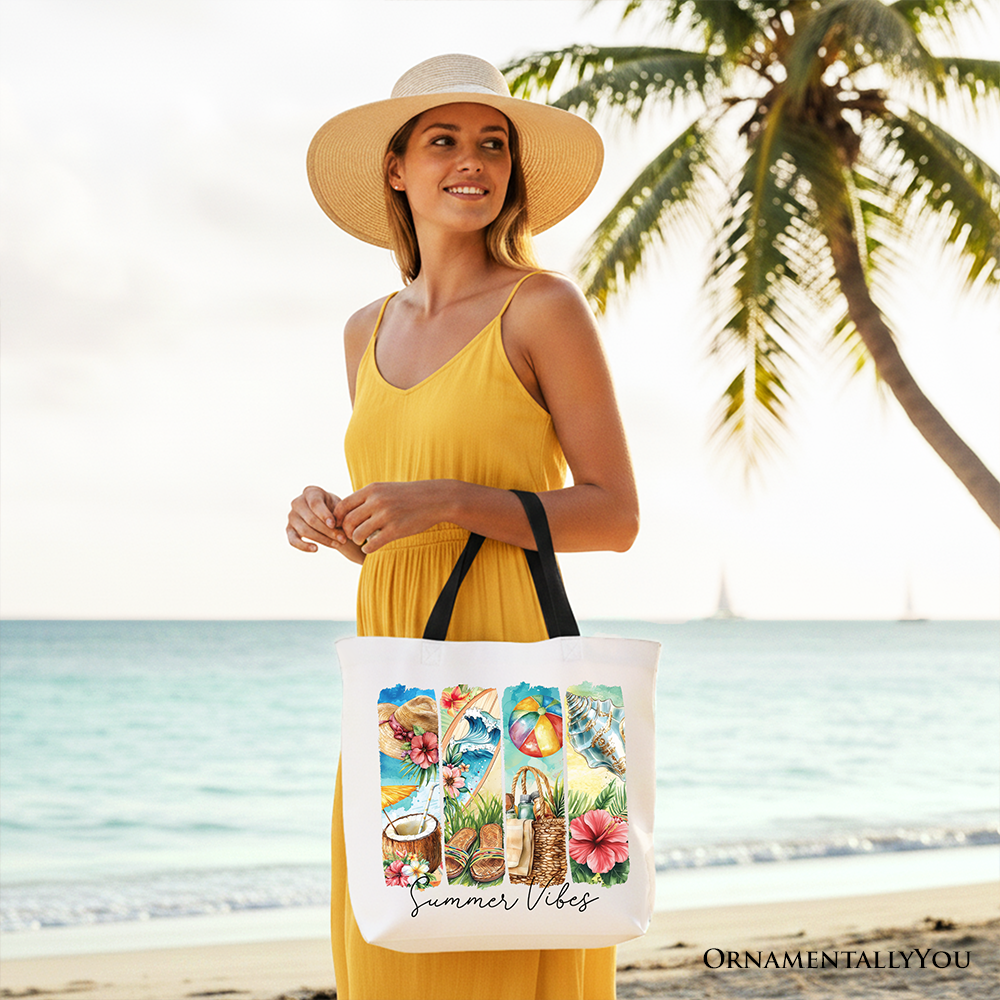 Summer Vibes Canvas Tote Bag, Beach Gift Shopper with Coconut and Flowers