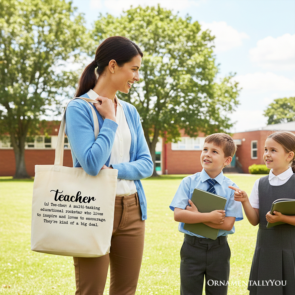 Teacher Definition Canvas Tote Bag, Inspirational Quote Gift Shopper for Educators