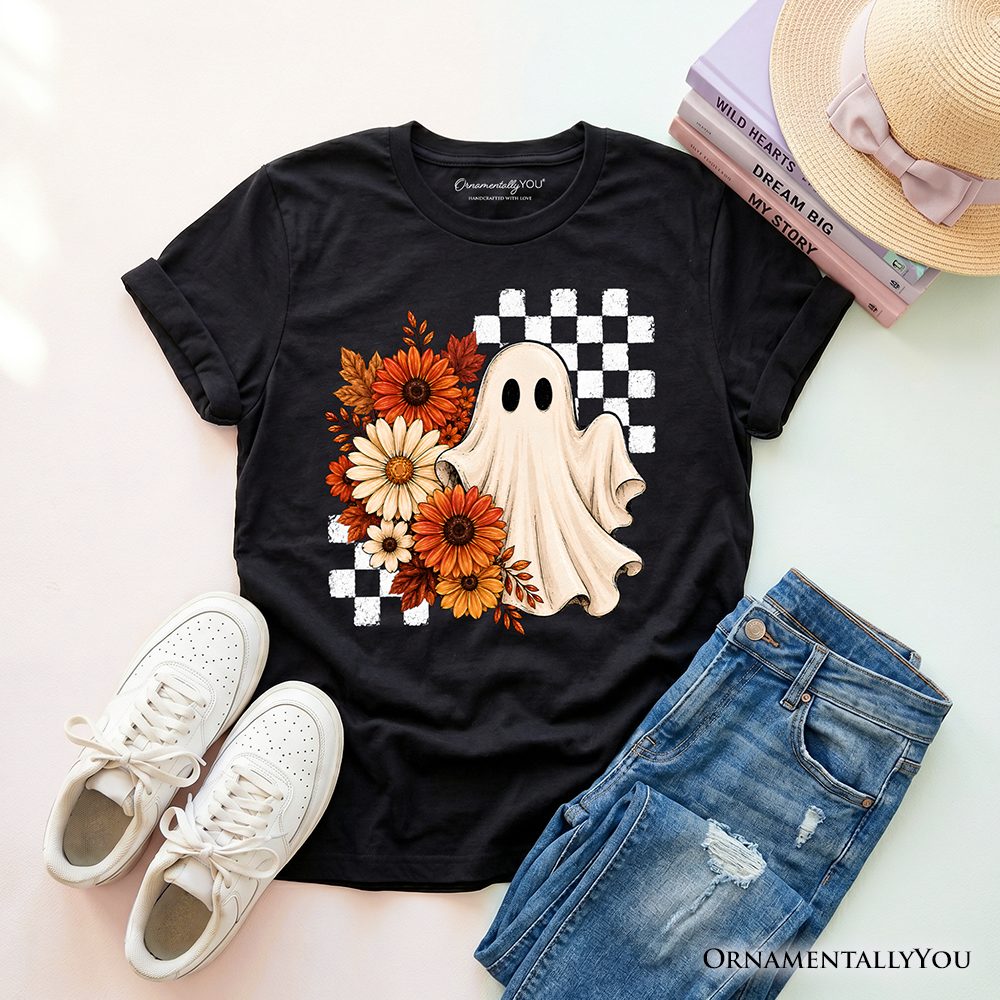 Kids Checkered Floral Ghost T-Shirt, Vintage Fall Halloween Daisy Youth Tee