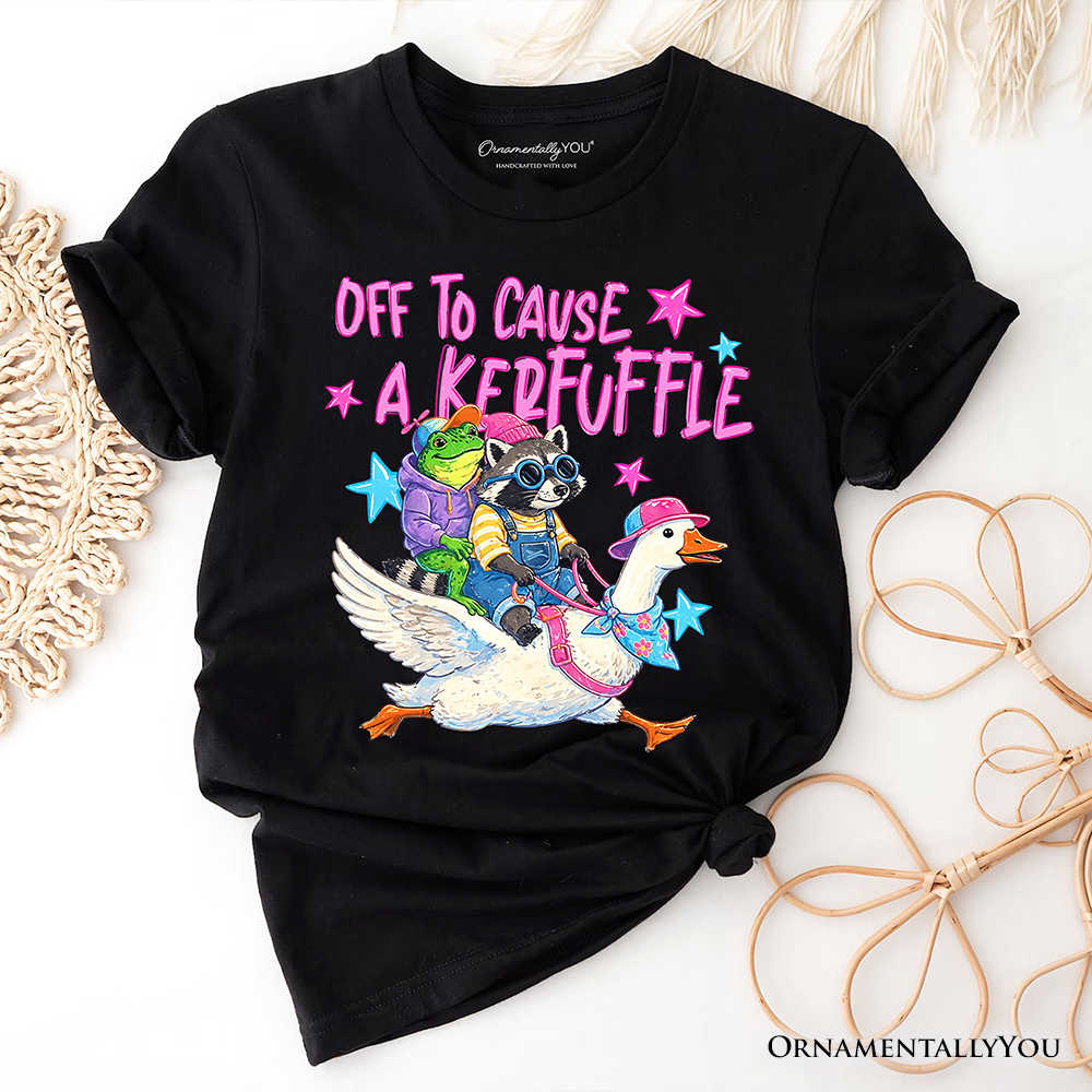 Off To Cause A Kerfuffle T-Shirt, Frog Raccoon Goose Funny Animal Tee