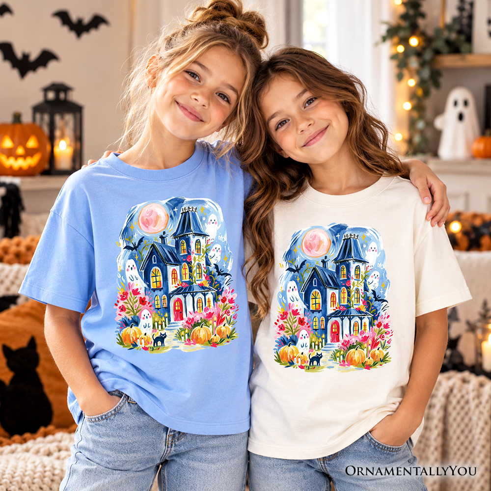 Kids Watercolor Haunted House T-Shirt, Colorful Ghost Pumpkin Halloween Youth Tee