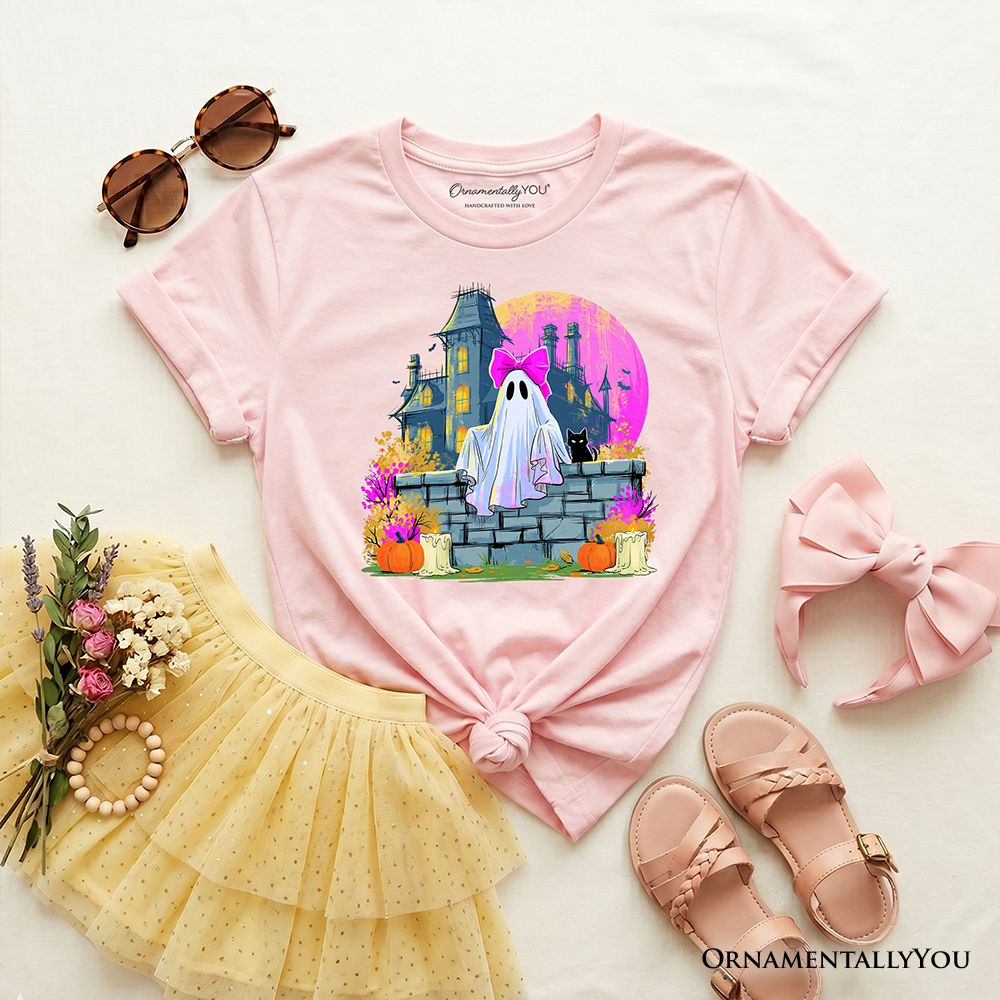 Haunted House Ghost Kids T-Shirt, Coquette Bow Halloween Tee for Youth Girls