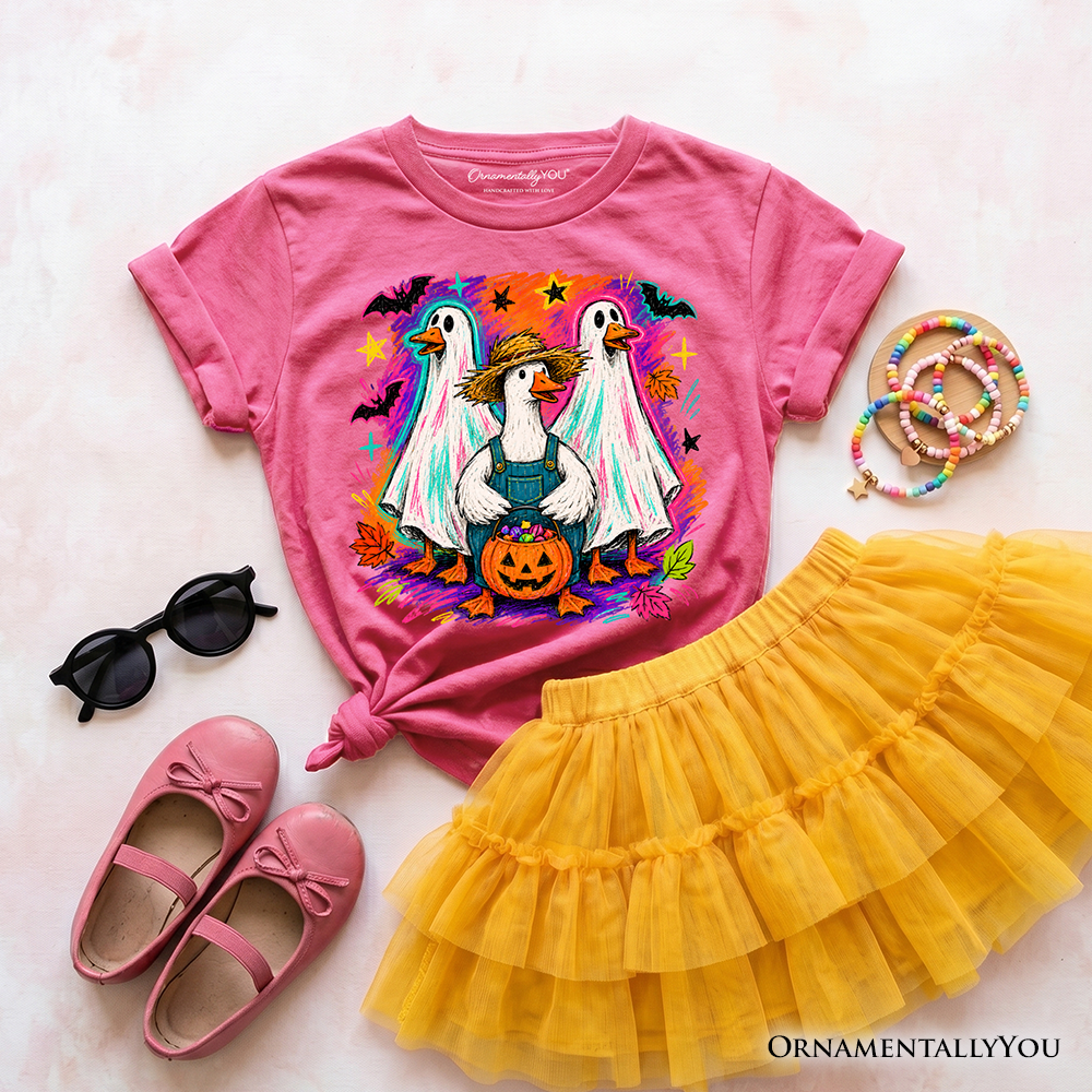 Kids Trick or Treat Geese T-Shirt, Colorful Halloween Ghost Costume Youth Tee