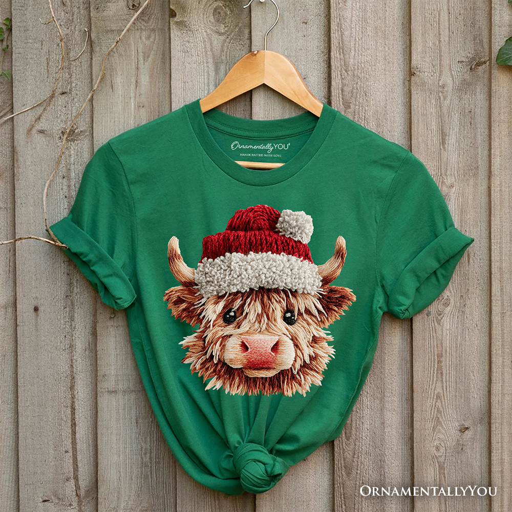 Highland Cow Santa Hat Christmas T-Shirt, Imitation Latch Hook Yarn Cozy Tee