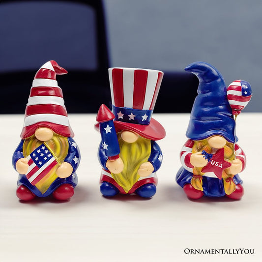Patriotic Gnome Trio Figurines, 6" Set of Three Garden Statues and July 4th Decoration